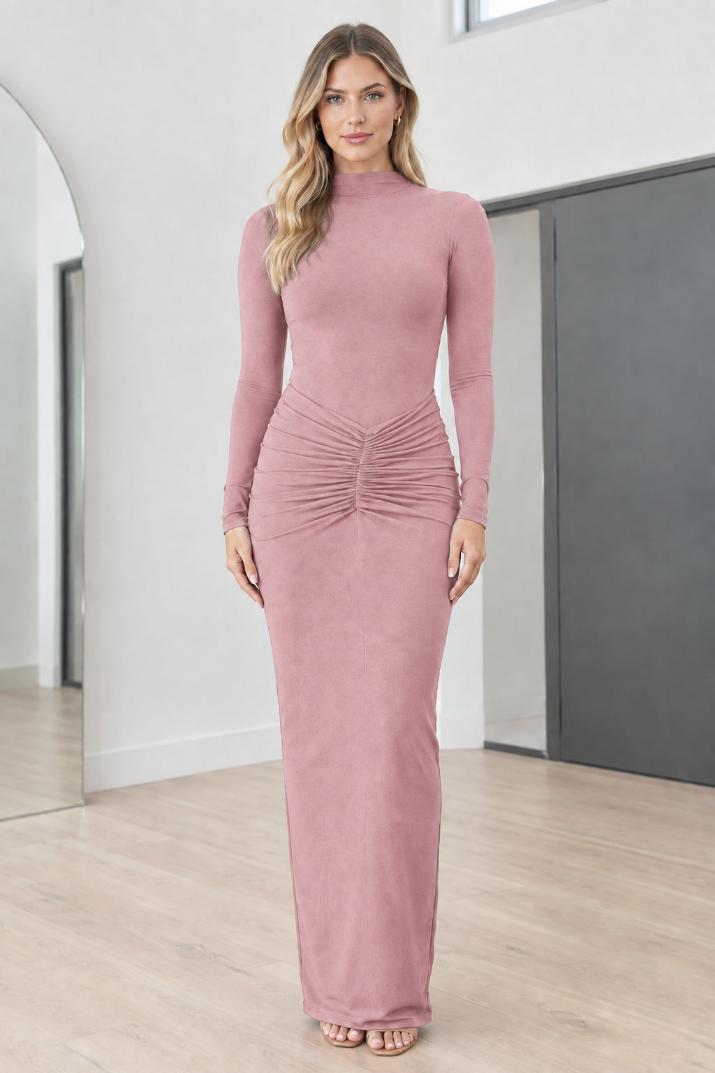 Full front view of model wearing Dusty Pink mock neck long sleeve ruched maxi dress