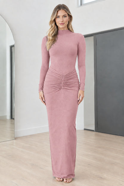 Full front view of model wearing Dusty Pink mock neck long sleeve ruched maxi dress
