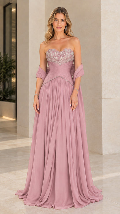 Front view of model wearing Dusty Rose strapless beaded chiffon evening dress with matching shawl