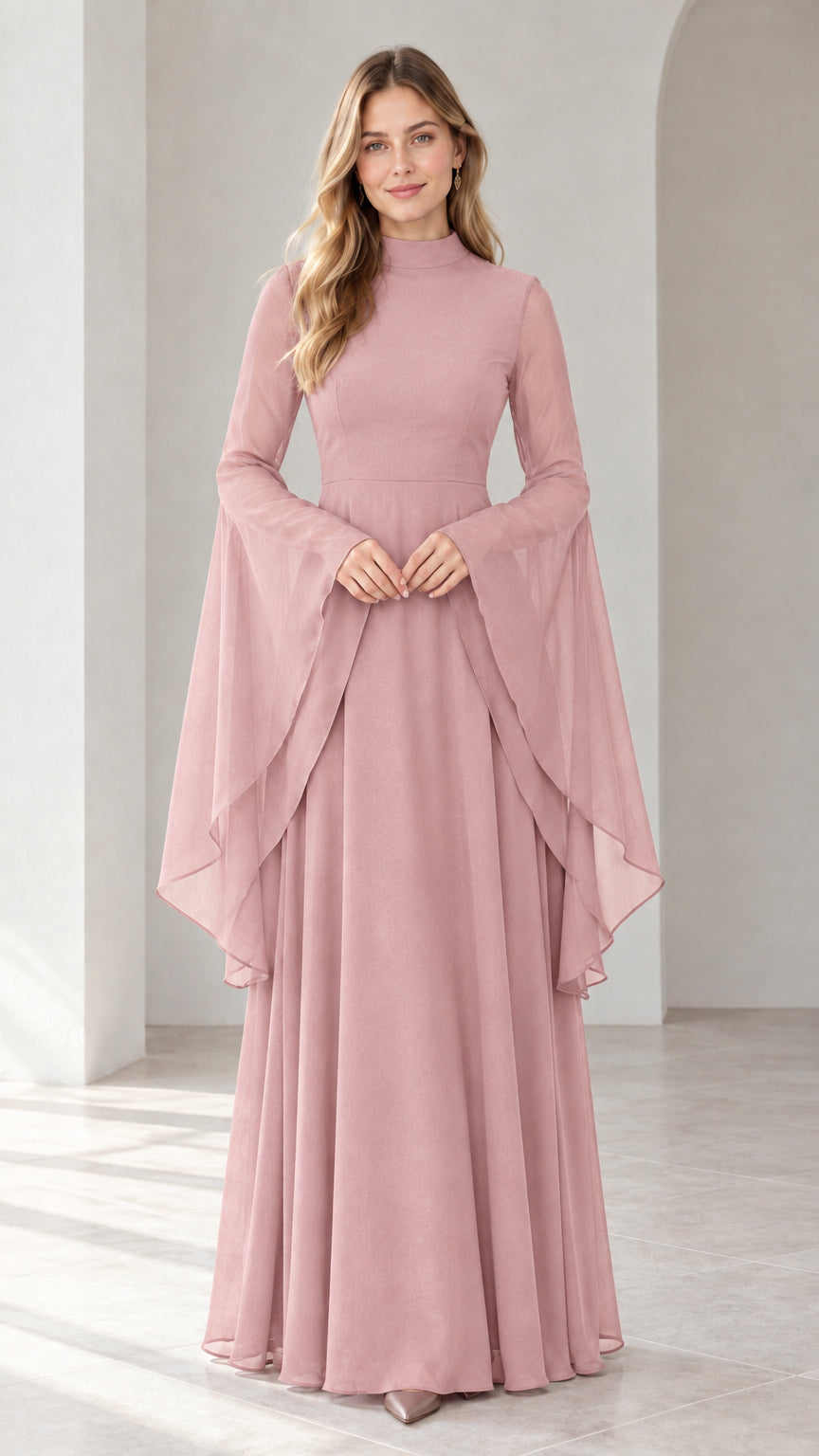 Full-length view of dusty pink high neck evening gown with flowing angel sleeves