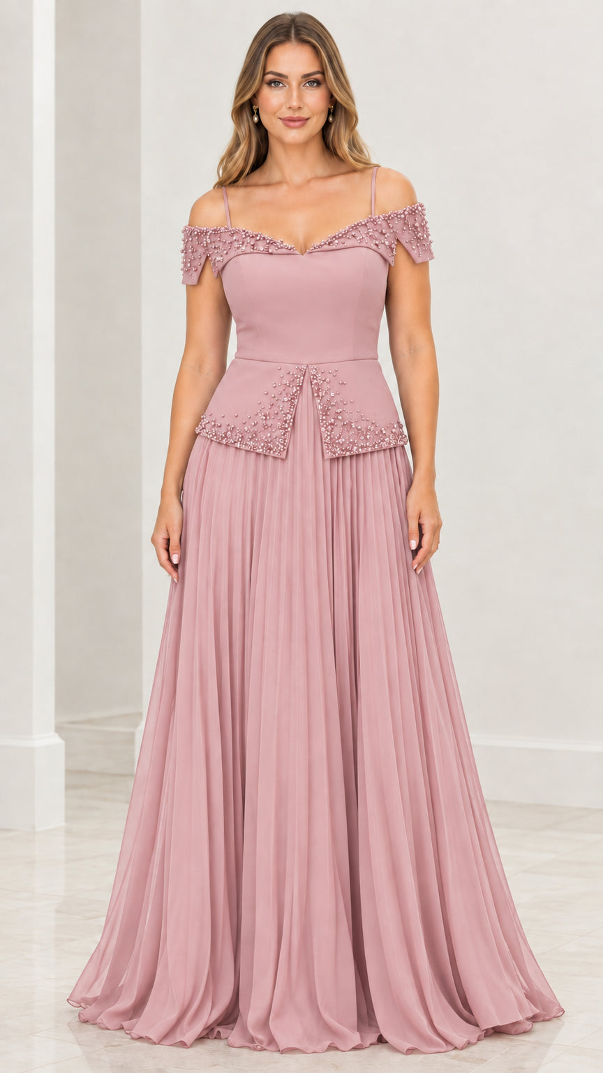 Dusty Pink cold-shoulder beaded pleated evening gown