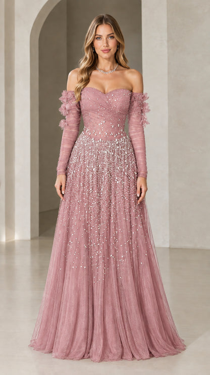 Dusty rose pink off-the-shoulder beaded formal gown with long sleeves