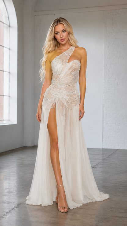 Front view of ivory one-shoulder embellished formal gown with flowing skirt