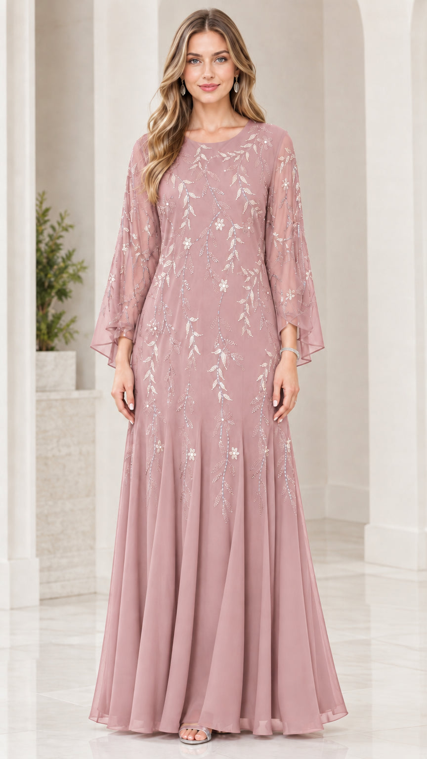 Front view of model wearing Dusty Rose sequin embellished chiffon formal dress