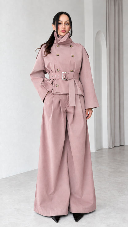 Model wearing Dusty Pink belted cropped trench jacket and matching palazzo pants