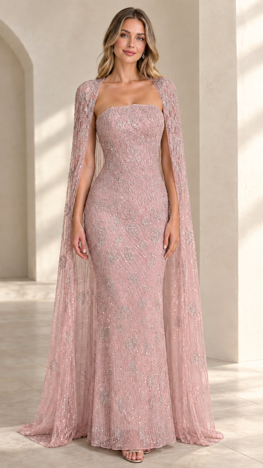 Front view of blush pink sequin strapless evening gown with flowing cape