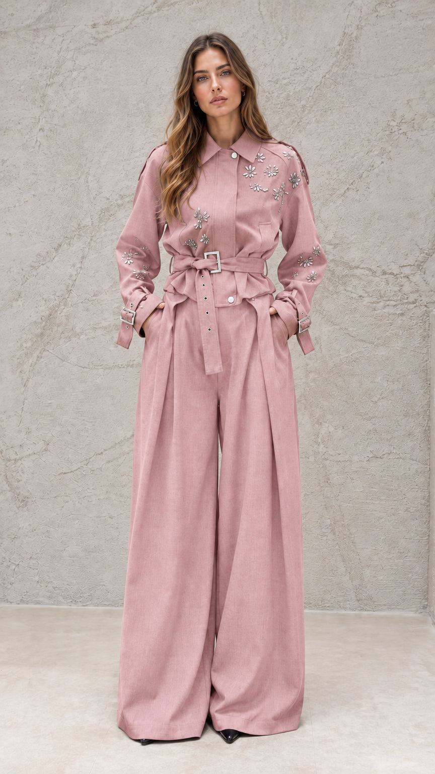 Full front view of model wearing dusty pink embellished wide-leg jumpsuit