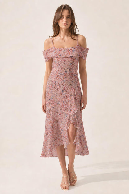 Front view of pink floral off-shoulder midi dress