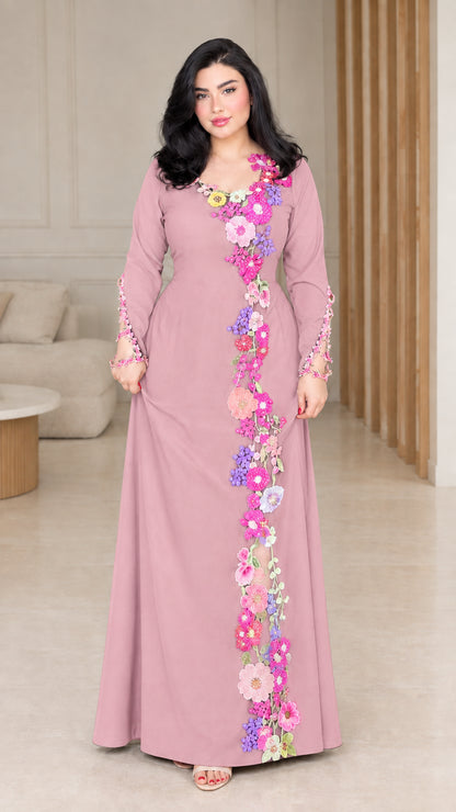 Front view of dusty pink floral embroidered maxi dress
