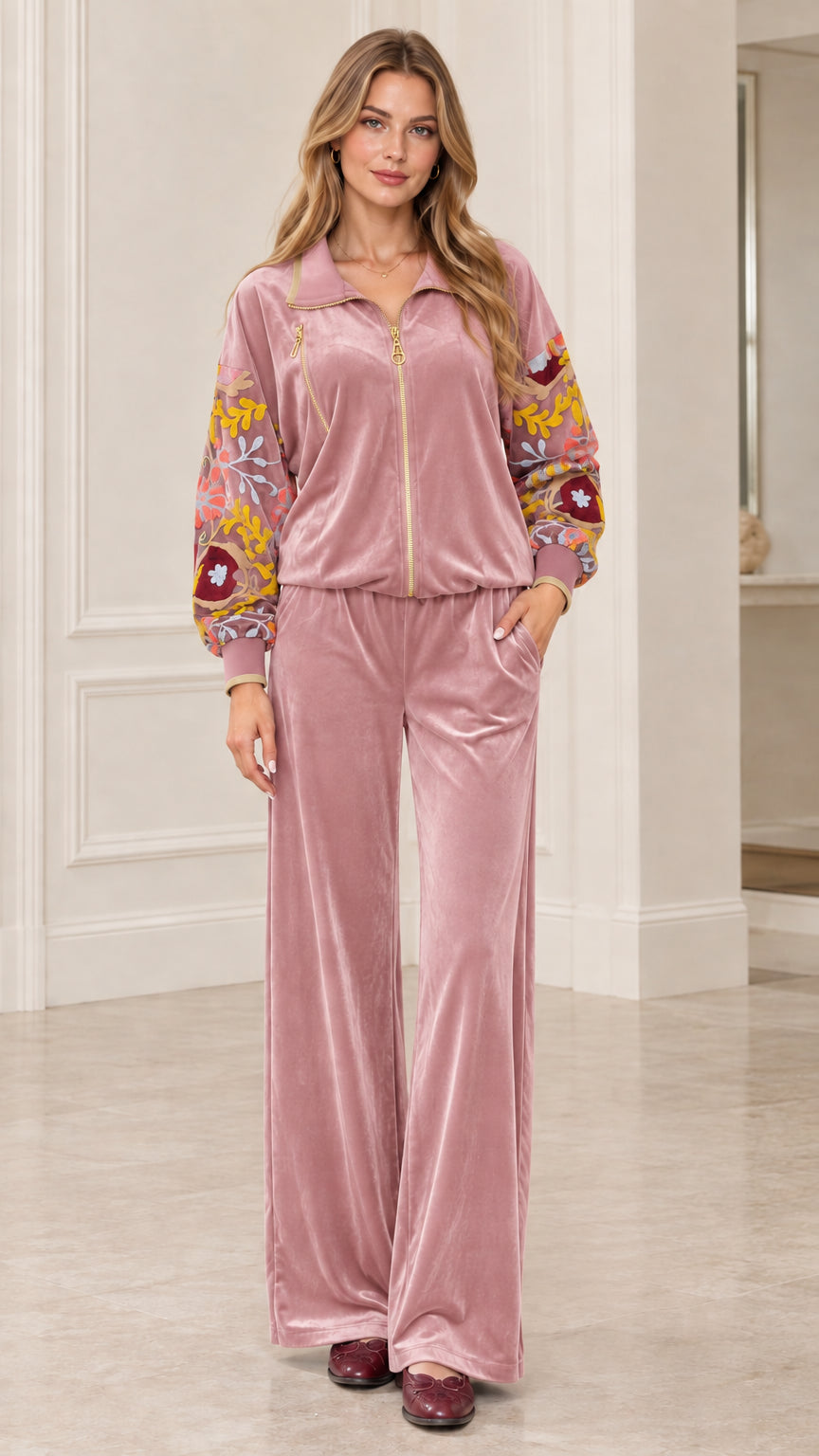 Dusty pink embroidered velvet tracksuit set full front view