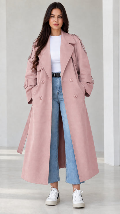 Front view of model wearing dusty pink longline belted trench coat