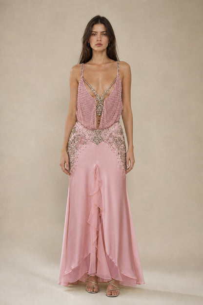 Front view of pink embellished maxi dress variant