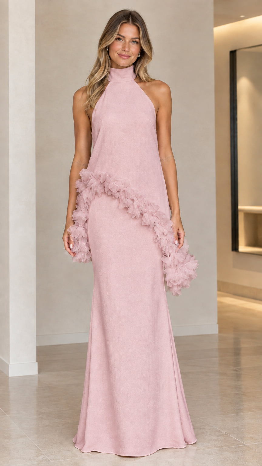 Front view of blush pink halter neck formal dress with matching floral ruffle detail
