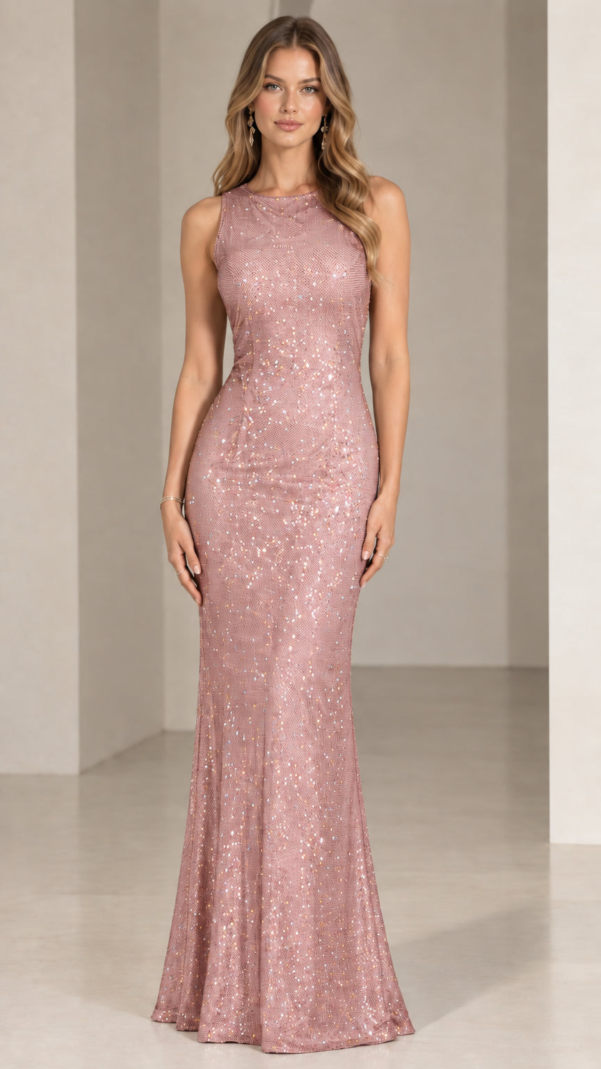Dusty pink sleeveless glitter sequin mermaid formal dress