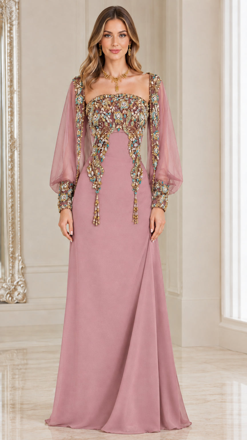 Dusty rose beaded formal maxi gown with bishop sleeves