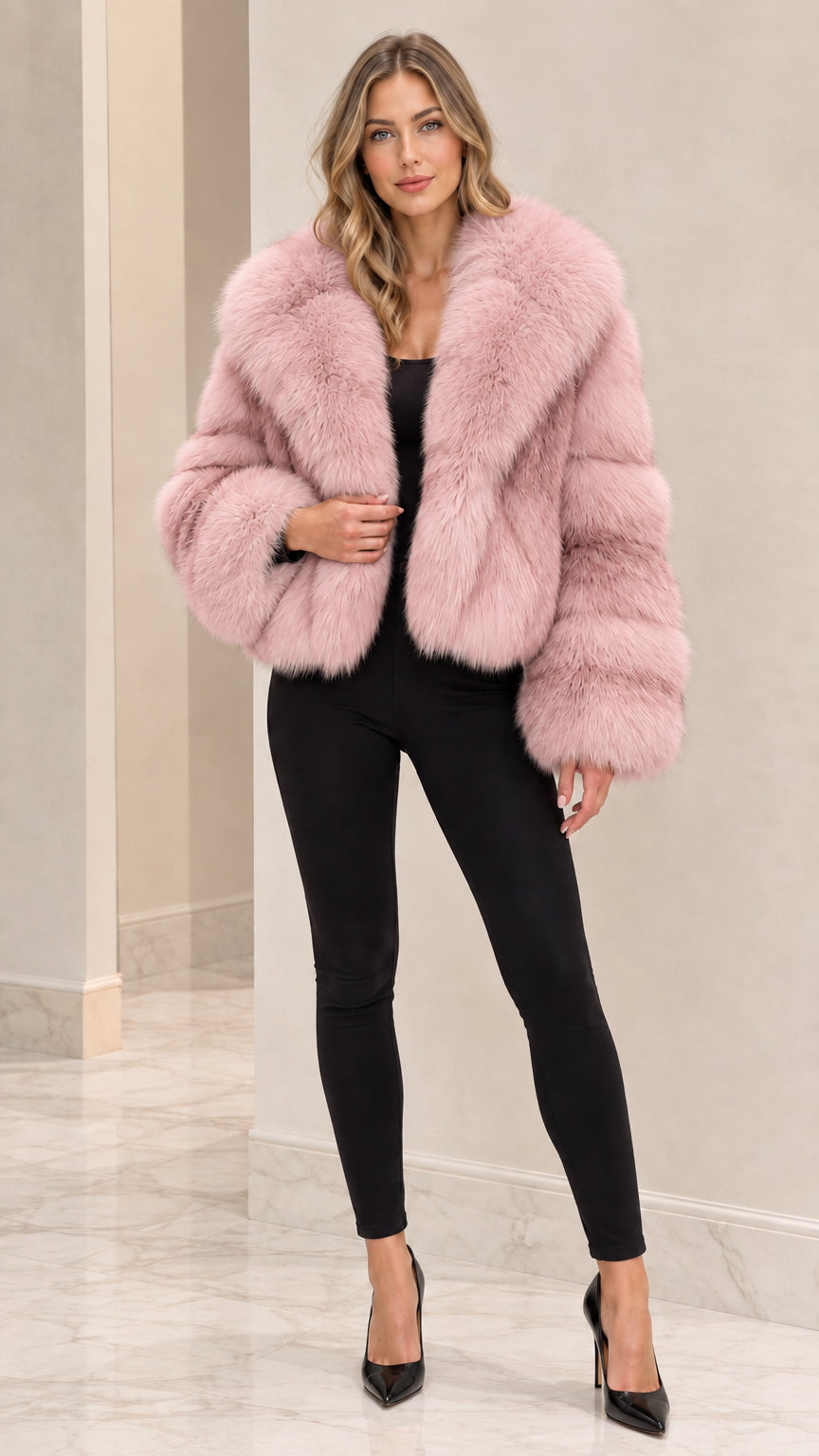 Front full view of woman wearing Dusty Pink cropped faux fur jacket