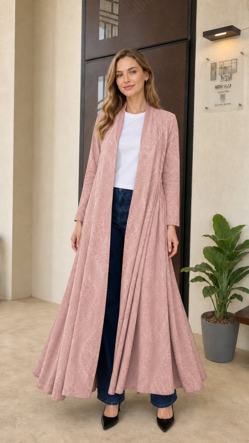 Front full-length view of dusty rose pink pleated open-front maxi duster coat