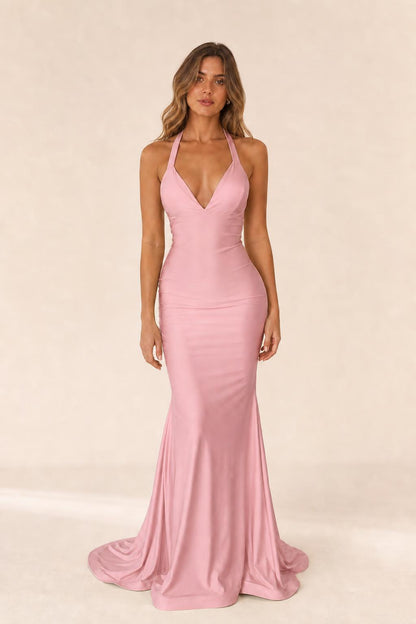 Front view of pink halter maxi dress