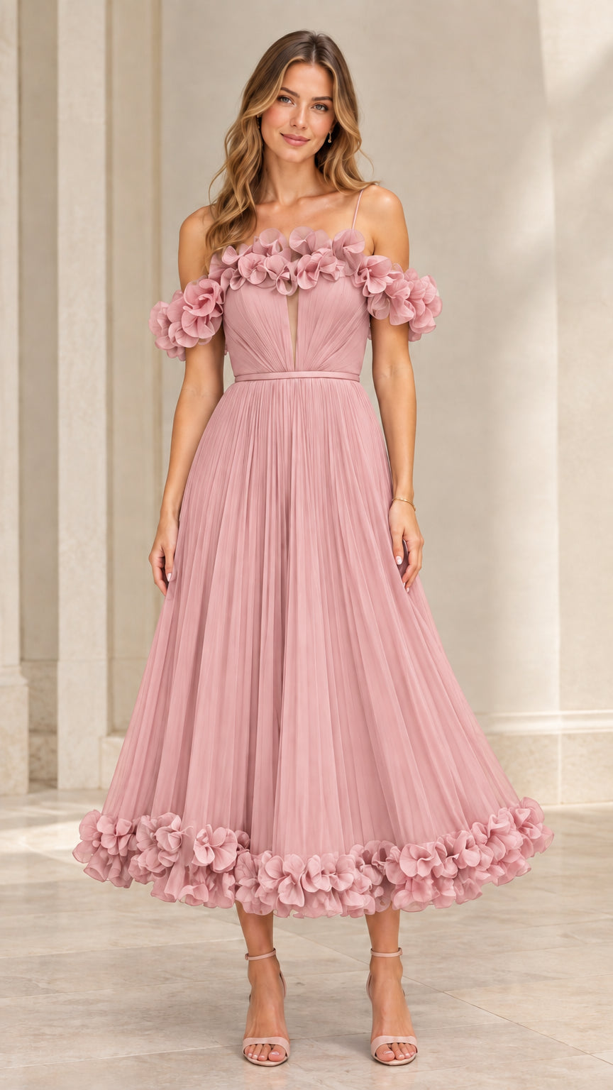 Full-length view of dusty pink 3D floral applique pleated midi cocktail dress
