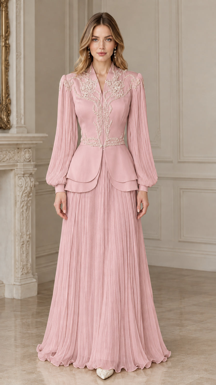Front view of blush pink embroidered peplum pleated evening dress set
