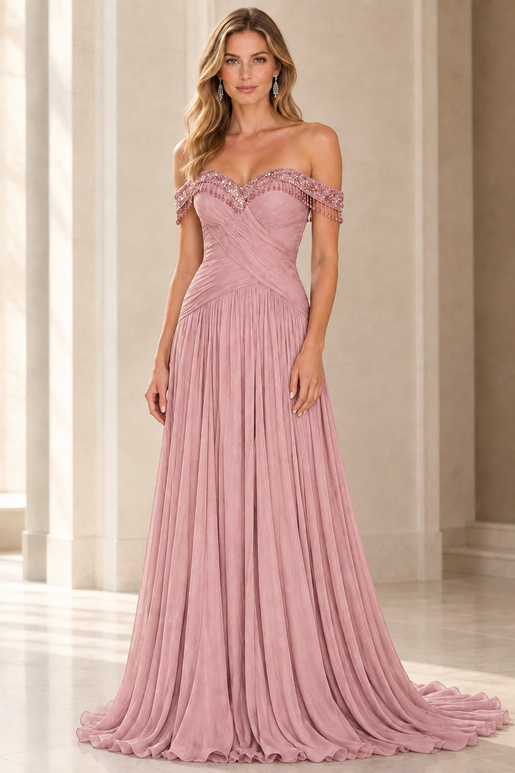 Dusty rose pleated off-the-shoulder formal dress with beaded neckline