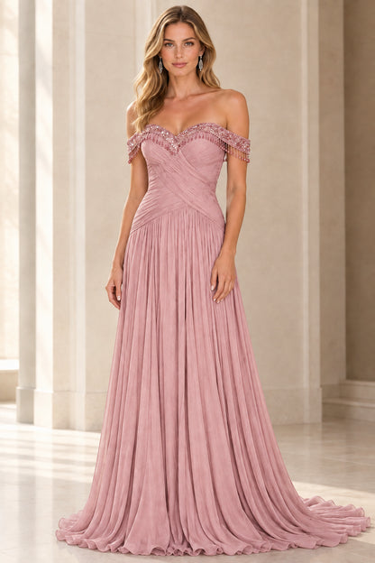 Dusty rose pleated off-the-shoulder formal dress with beaded neckline