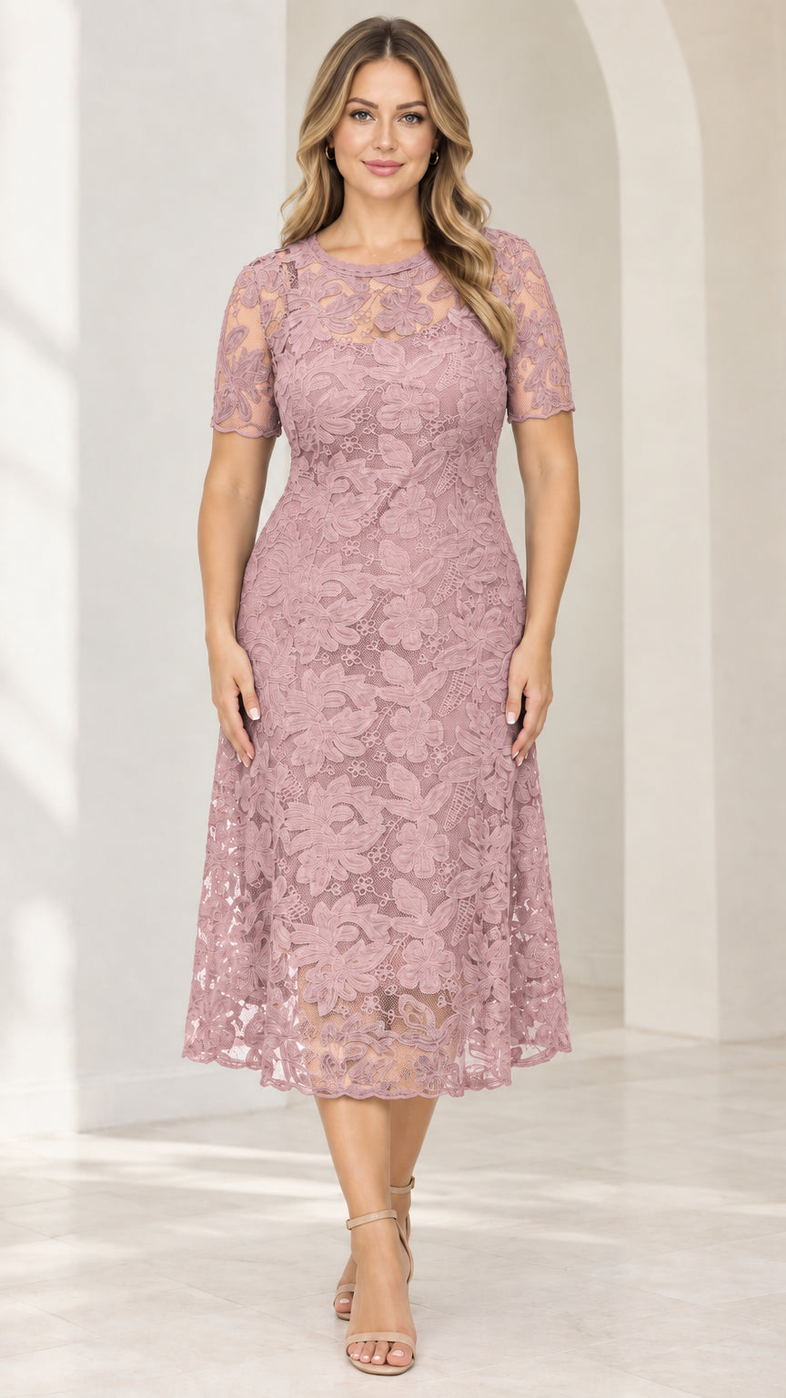 Front view of dusty rose pink floral lace short sleeve midi dress on model