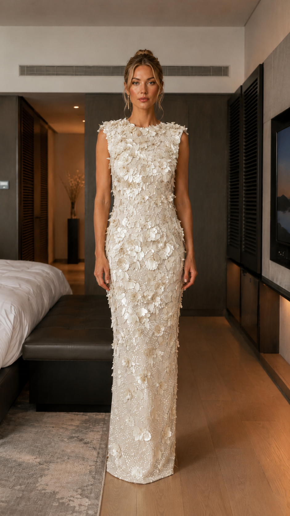 Front view of ivory sleeveless formal maxi dress with dimensional floral texture