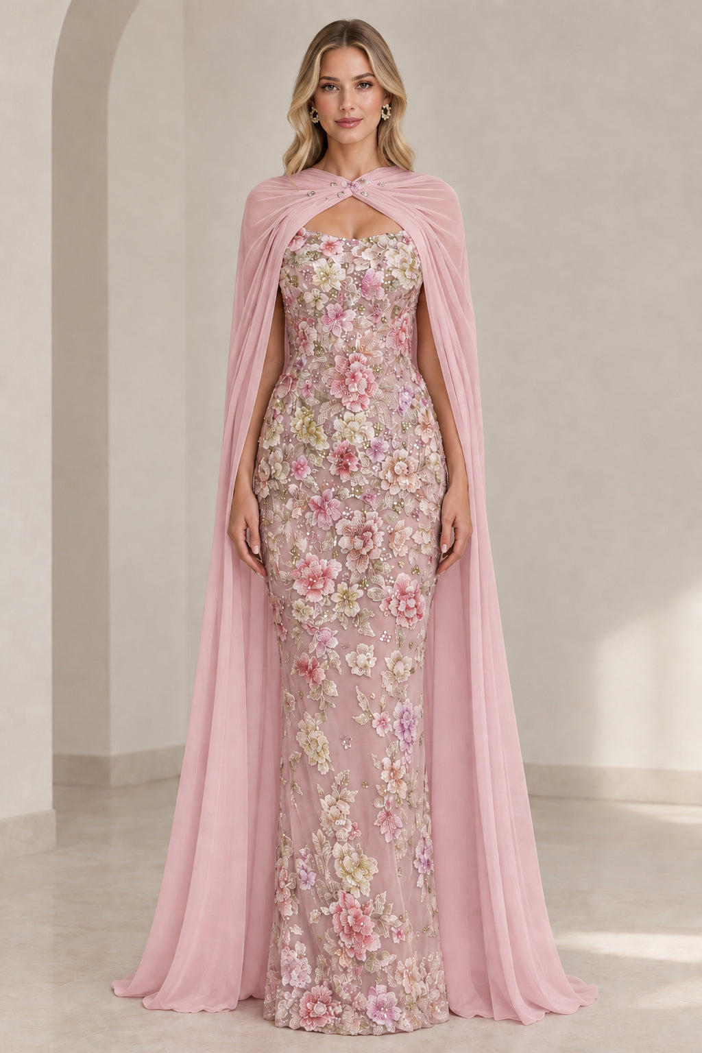 Blush Pink embroidered lace gown with sheer matching capelet overlay