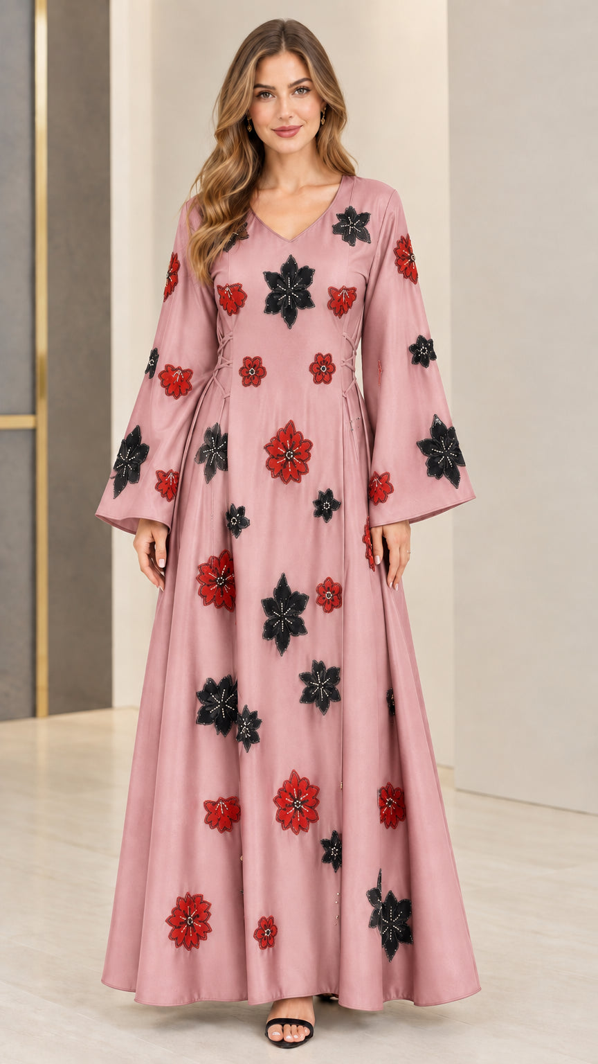 Front view of dusty pink floral embroidered bell sleeve maxi dress