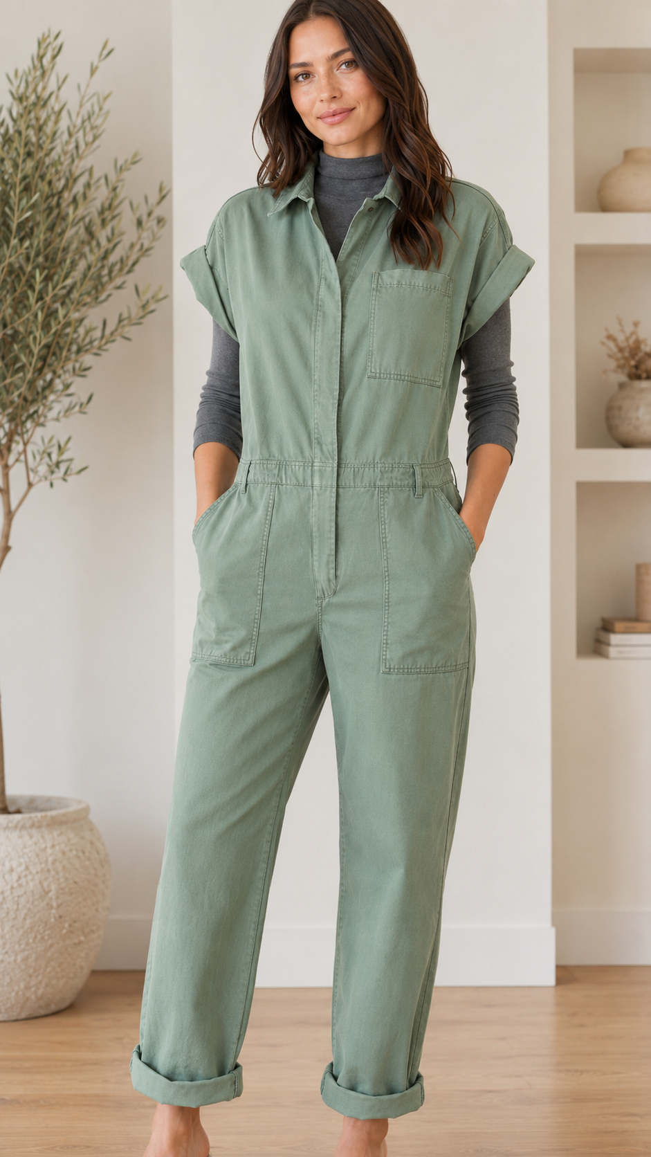 Front angled view of sage collared jumpsuit with utility pockets and rolled sleeves