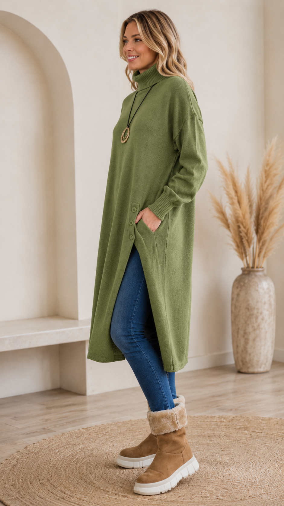 Side view of olive green long sleeve sweater dress with turtleneck