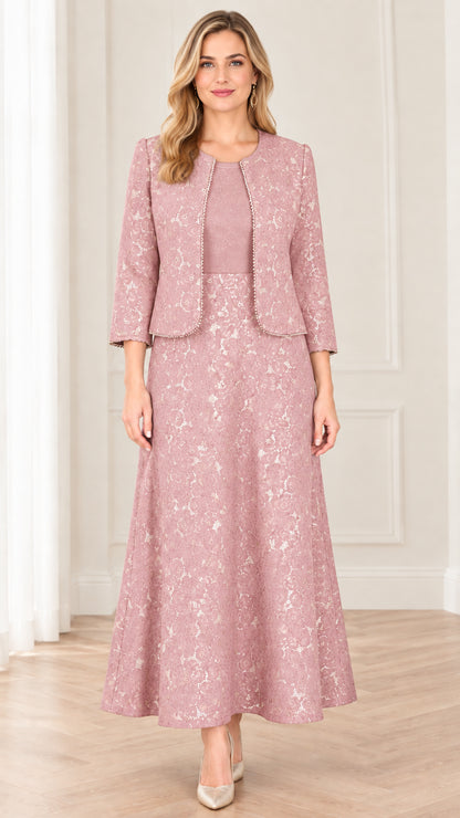 Front view of dusty rose floral lace two-piece maxi dress with beaded jacket