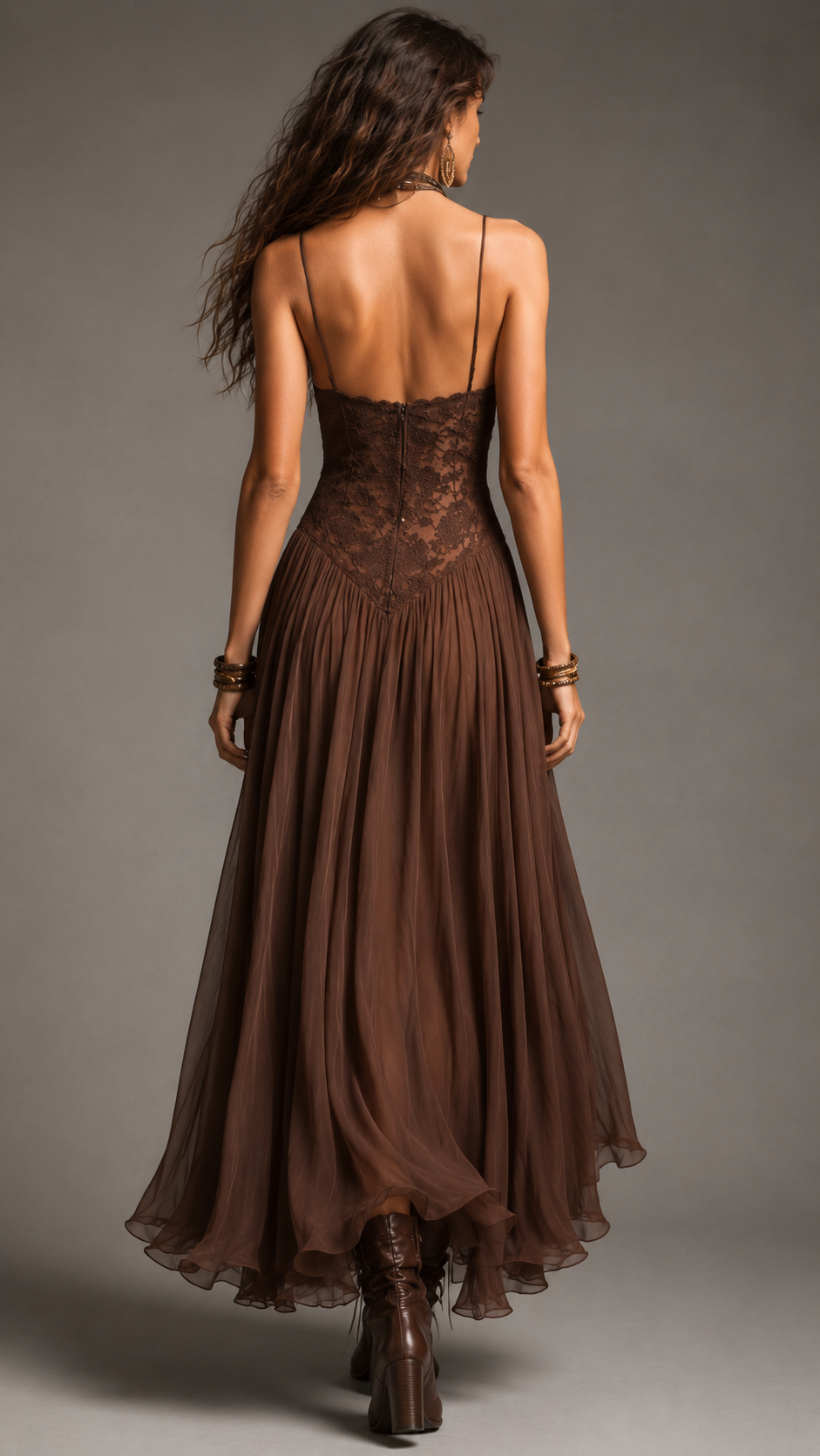 Back view of chocolate brown spaghetti strap maxi dress with lace back bodice