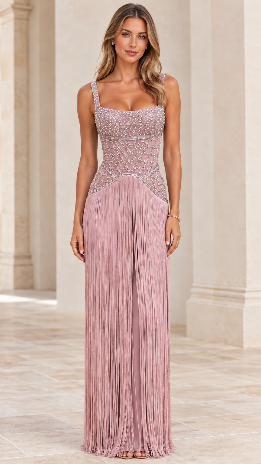 Front view of dusty rose pink beaded bodice fringe maxi dress
