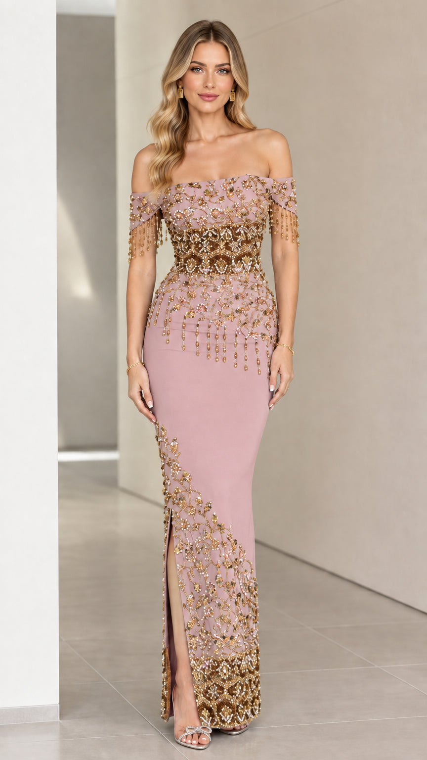Blush pink off-the-shoulder formal maxi gown with beaded embellishment