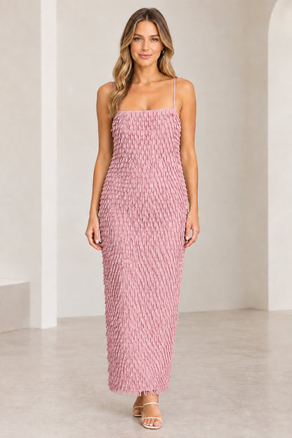 Front view of woman wearing Dusty Pink textured fringe spaghetti strap maxi dress