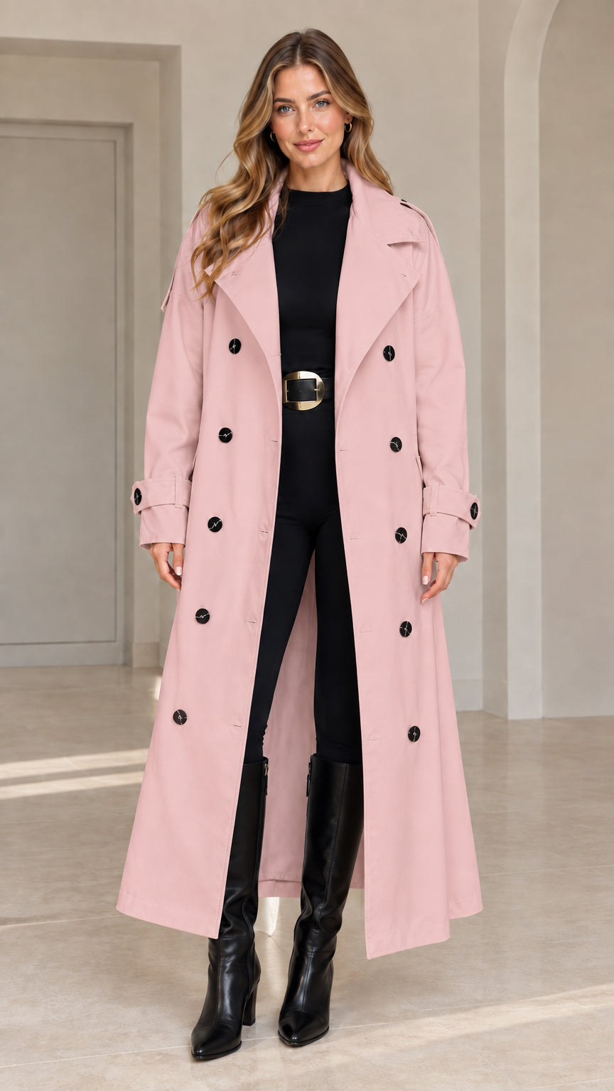 Front view of woman wearing dusty pink longline belted trench coat