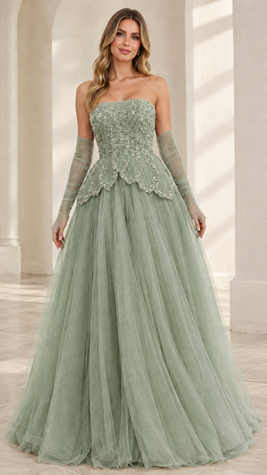 Front view of model wearing Sage Green strapless beaded tulle formal gown