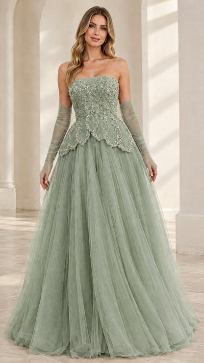 Front view of model wearing Sage Green strapless beaded tulle formal gown
