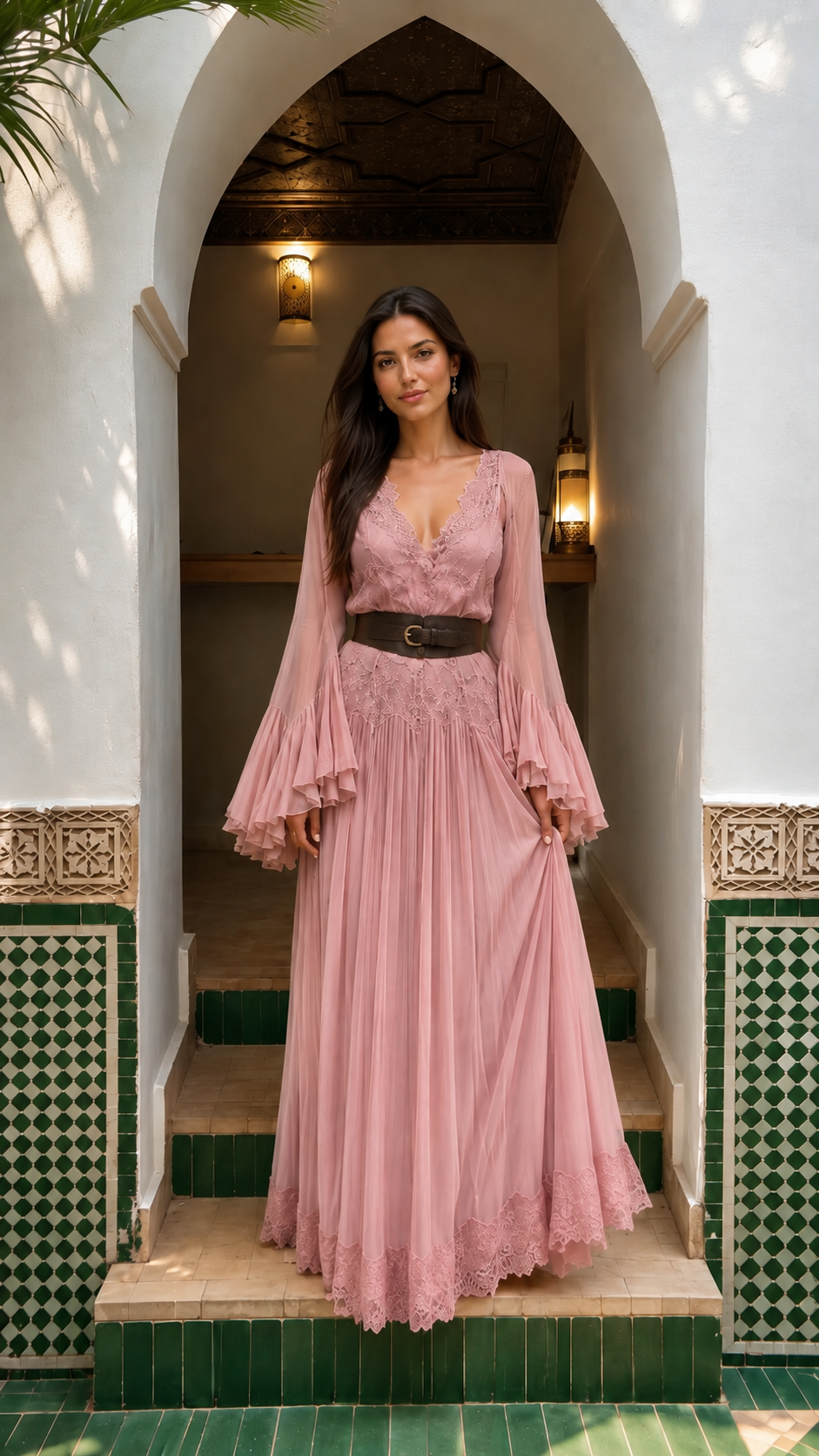 Front view of dusty rose lace trim pleated maxi dress with long bell sleeves and dark waist belt