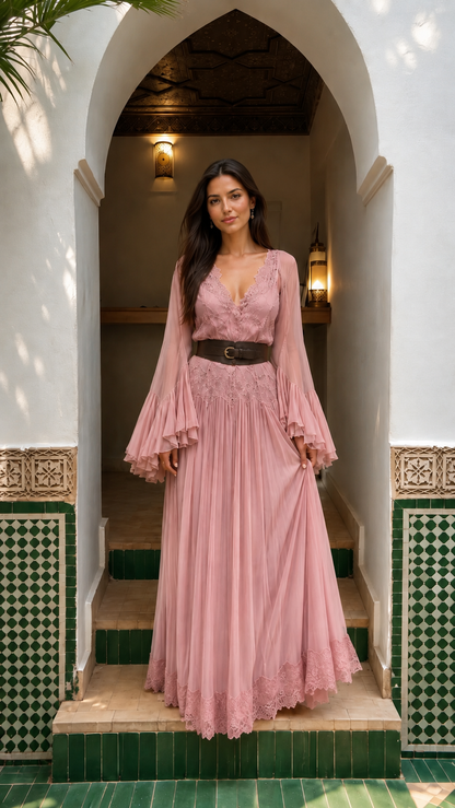 Front view of dusty rose lace trim pleated maxi dress with long bell sleeves and dark waist belt