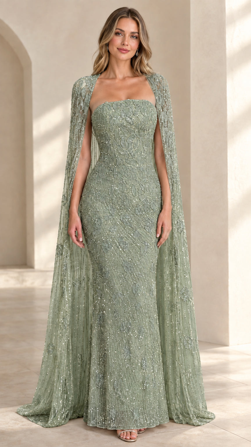 Front view of sage green embellished strapless evening gown with floor-length cape