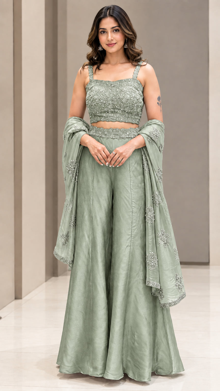 Full-length studio view of woman wearing Sage Green embellished crop top and palazzo pant set