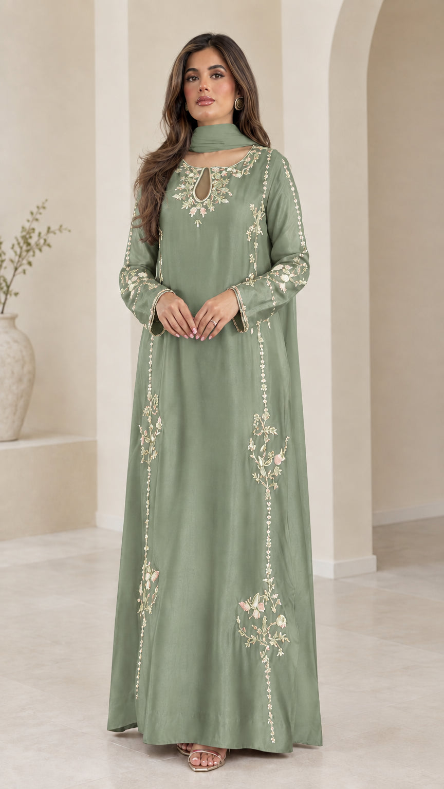 Sage green embroidered floor-length modest maxi gown with scarf