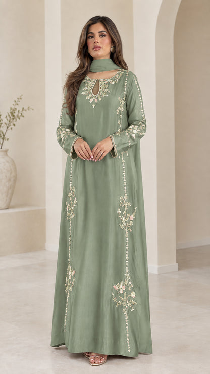 Sage green embroidered floor-length modest maxi gown with scarf