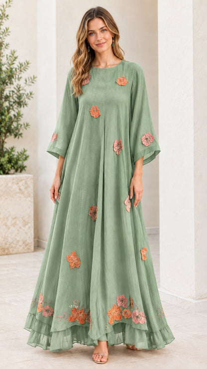 Sage green relaxed fit floral applique maxi dress