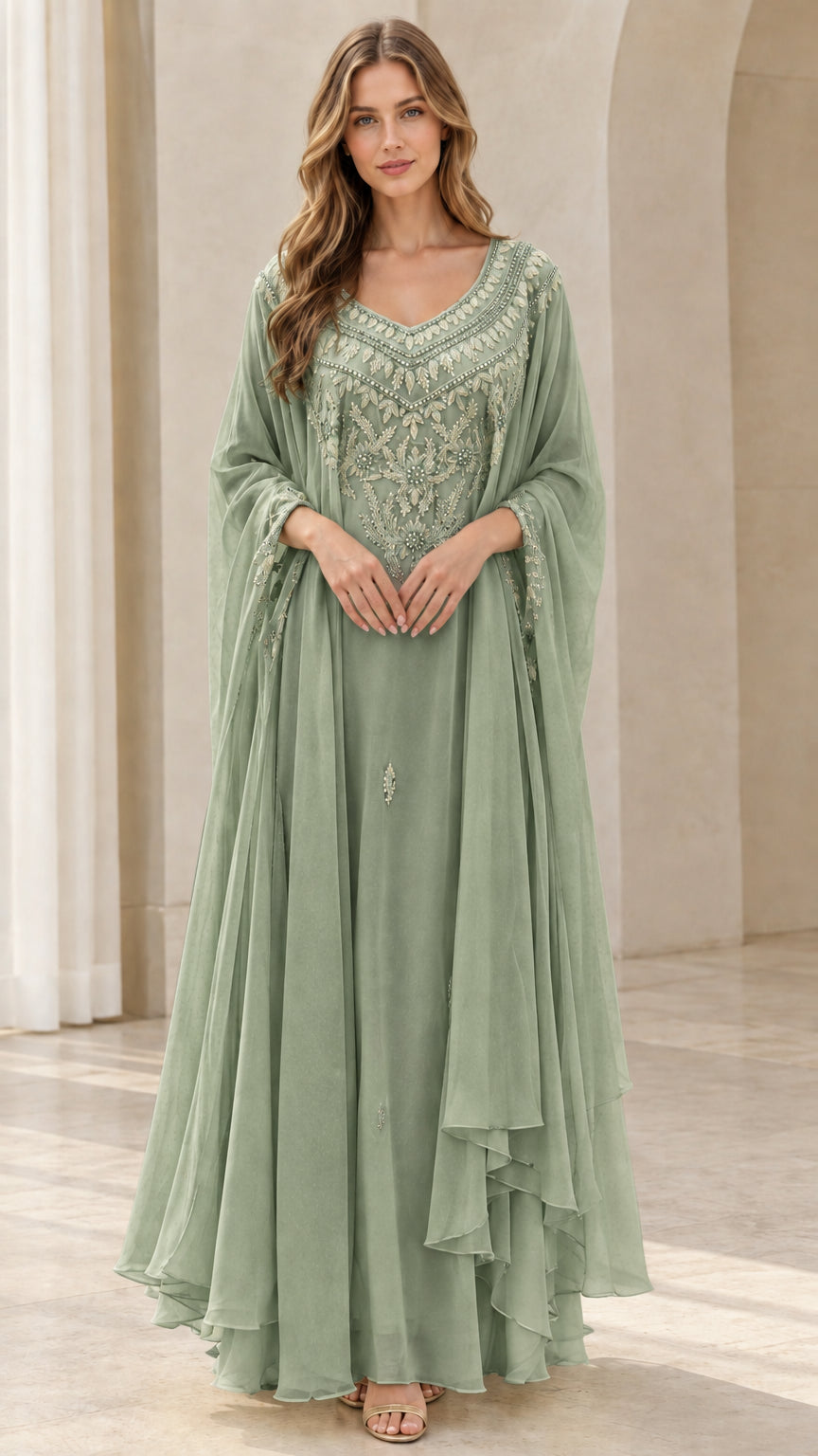Sage green embroidered chiffon kaftan evening gown