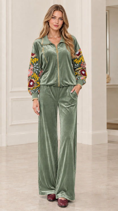 Sage green embroidered velvet tracksuit set full front view
