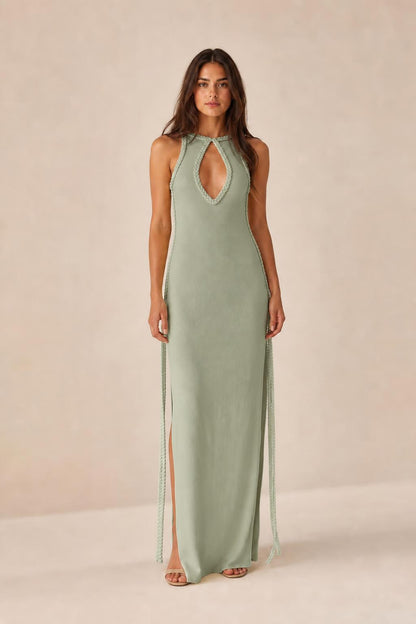 Front view of sage green color variant maxi dress